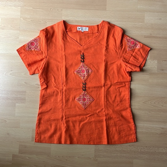 (New) Orange Linen T-Shirt - Tribal Print/Embroidery - Picture 2 of 9